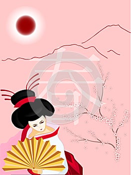Geisha with a fan on spring background