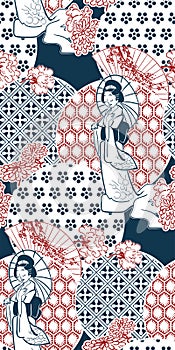 Geisha girl fan umbrella kimono circles japanese chinese vector design pattern blue red