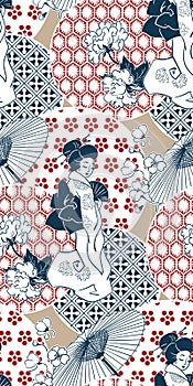 Geisha girl fan umbrella kimono circles japanese chinese vector design pattern blue red