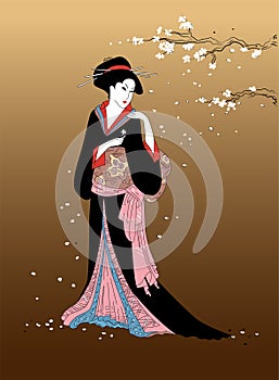 Geisha girl with sakura blossom branch on background. Beautiful japanese women in national dress. Element of traditional asian des