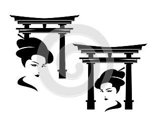 geisha head and japanese torii gate black and white vector design set