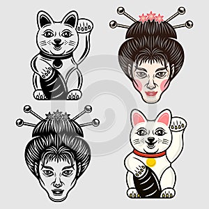 Geisha head and maneki neko lucky cat japanese cartoon characters set of vector objects in two styles colored and black