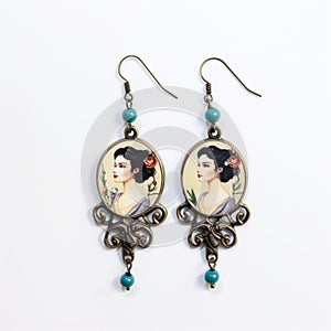 Geisha-inspired Earrings With Turquoise Beads - Art Nouveau Meets Traditional Chinese Painting