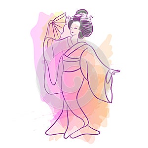 Geisha Japan classical Japanese woman waterclolr style of drawing. Dancing Japanese girl