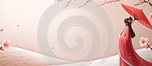 geisha. Japanese Woman.Japanese banner. Beautiful japanese woman with hairpins on white background with red umbrella