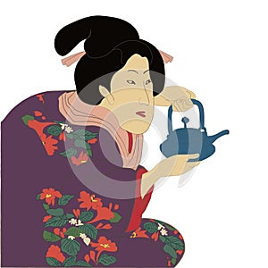 Geisha in kimono, woman in japan, traditional art style vector illustration. Japanese asian culture, beautiful fashion