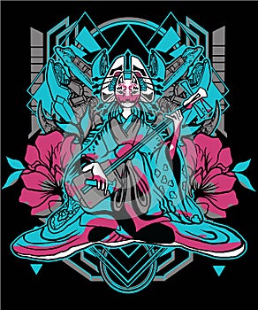 Geisha robot with cyberpunk theme with sacred geometry background