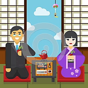 Geisha and samurai with tea cup tea ceremony