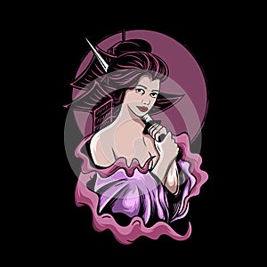 Geisha with sword katana smoke tample and illustration for t-shirt design