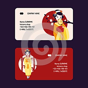 Geisha vector business-card Japanese beautiful young woman in fashion kimono in Japan illustration backdrop set of asian