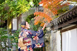 Geishas girl wearing Japanese kimono among red wooden Tori Gate at Fushimi Inari Shrine in Kyoto, Kimono is a Japanese traditional