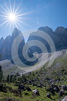 Geisler Alm, Dolomites Italy, hiking in the mountains of Val Di Funes in Italian Dolomites,Nature Park Geisler-Puez with