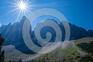 Geisler Alm, Dolomites Italy, hiking in the mountains of Val Di Funes in Italian Dolomites,Nature Park Geisler-Puez with