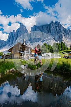 Geisler Alm, Dolomites Italy, hiking in the mountains of Val Di Funes in Italian Dolomites,Nature Park Geisler-Puez with