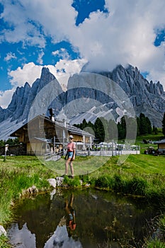 Geisler Alm, Dolomites Italy, hiking in the mountains of Val Di Funes in Italian Dolomites,Nature Park Geisler-Puez with