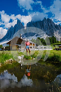 Geisler Alm, Dolomites Italy, hiking in the mountains of Val Di Funes in Italian Dolomites,Nature Park Geisler-Puez with
