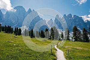 Geisler Alm, Dolomites Italy, hiking in the mountains of Val Di Funes in Italian Dolomites,Nature Park Geisler-Puez with
