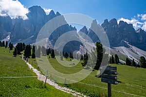 Geisler Alm, Dolomites Italy, hiking in the mountains of Val Di Funes in Italian Dolomites,Nature Park Geisler-Puez with