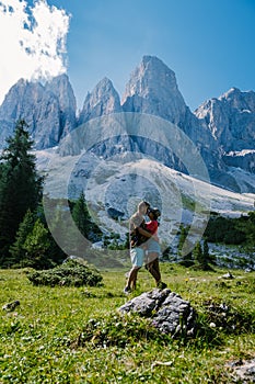 Geisler Alm, Dolomites Italy, hiking in the mountains of Val Di Funes in Italian Dolomites,Nature Park Geisler-Puez with