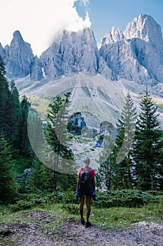 Geisler Alm, Dolomites Italy, hiking in the mountains of Val Di Funes in Italian Dolomites,Nature Park Geisler-Puez with