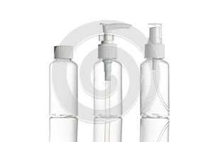 Gel bottle. Clear plastic blank for soap shampoo and mineral cosmetic isolated on white. Water cap spray on transparent