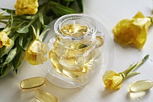 Gel capsules of evening primrose oil in a bottle