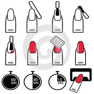 Gel and hybrid nails preparation process, lacquer up, and protection process under uv and led lamp icon set in black and white an