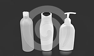 For gel and shampoo storing. Cosmetic bottles. Bottles with flip cap and pump dispenser