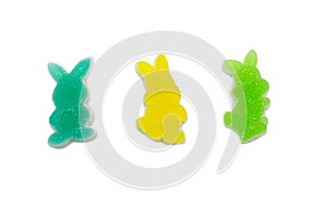 Gelatin bright jellies candy colorful .Rabbit design, Sweets gummy sugary tasty. Soft gums viewed from above.