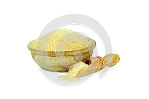 Gelatin in a wooden cup with a spoon for spices isolated on a white background. Collection of spices and herbs