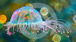 A gelatinous bellshaped organism with iridescent colors and long hairlike appendages floating gracefully in a drop of photo