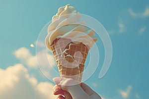 gelato Ice cream cone held up to the hot blue summer sky