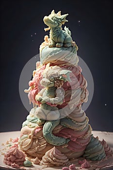 Gelato statue on a plate with chinese dragons, black background, ice cream