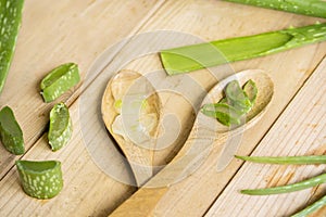 Gels and slices of Aloe Vera on two spoons