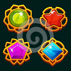 Gem Shapes Set of 4 gemstones, circle, star, square and pentagon. Vector gems object for 2D Game development photo
