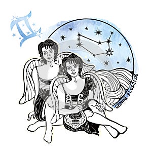 Gemini boy zodiac sign.Horoscope circle.Watercolor