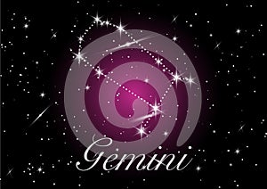 Gemini zodiac constellations sign on beautiful starry sky with galaxy and space behind. Gemini horoscope symbol constellation