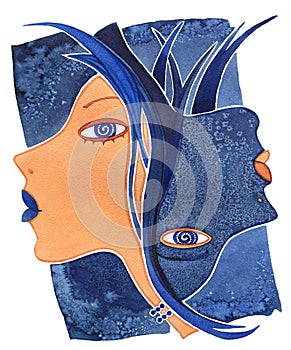 Gemini-girlÐ± Face girl as astrology symbol Gemini on a pattern  background