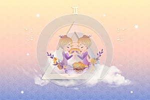Gemini horoscope sign in twelve zodiacs with astrology. Vector illustration