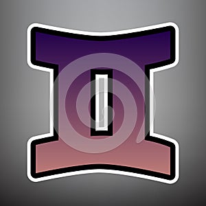 Gemini sign. Vector. Violet gradient icon with black and white l