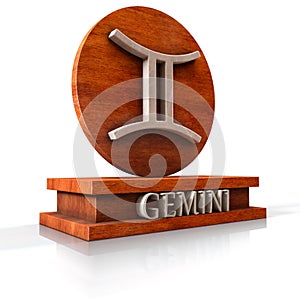 Gemini zodiac sign. 3D illustration of the zodiac sign Gemini made of stone on a wooden stand with the name of the sign at the bas