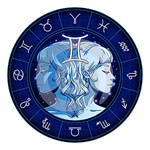 Gemini zodiac sign artwork, beautiful girl face, horoscope symbol, star sign, vector illustration
