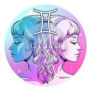 Gemini zodiac sign artwork, beautiful girl face, horoscope symbol, star sign, vector illustration