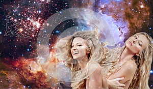 Gemini Zodiac Sign. Astrology and horoscope, Beautiful woman Gemini on the galaxy background