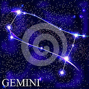 Gemini Zodiac Sign with Beautiful Bright Stars on the Background of Cosmic Sky Vector Illustration