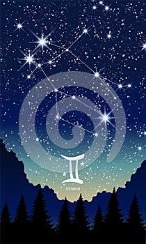Gemini zodiac sign, constellation in the night sky, landscape vertical postcard for stories. Template for astrology