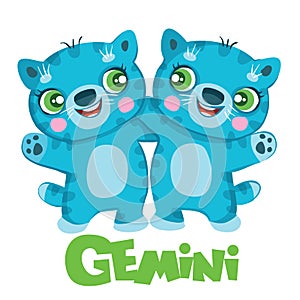 Gemini zodiac sign, two identical blue cats, year of the cat, isolated object on white background, cartoon illustration, vector