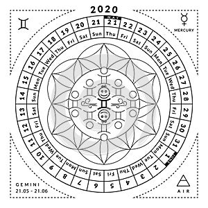 Gemini zodiacal coloring book with caledar of year 2020
