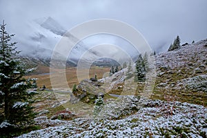 Gemmi Pass Trail with dusting of snow. Bernese Oberland, Switzerland