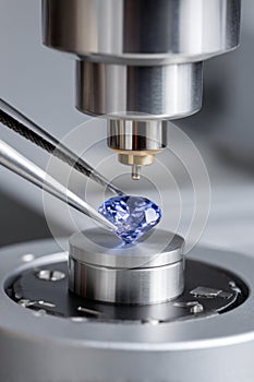 Gemologist analyzing a blue gemstone with precision instruments
